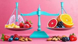 Conceptual illustration of a balance scale with freeze-dried candy on one side and healthy foods like fruits and vegetables on the other, symbolizing balanced nutrition for COPD patients.